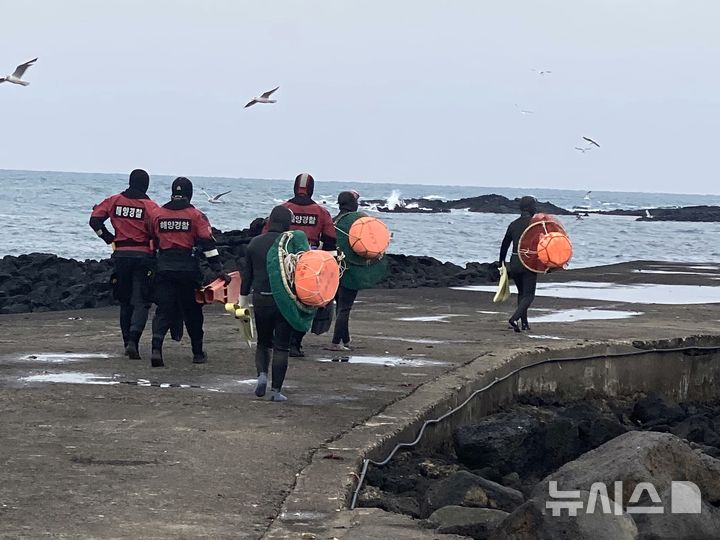 [제주=뉴시스] 지난달 2일 제주시 구좌읍 하도리해녀들이 해경 구조대원과 함께 실종 선원 수색을 위해 바다로 입수하고 있다. 이날 해녀들은 수중에서 30대 인도네시아 선원을 발견했고, 해경이 수습했다. (사진=제주도 제공) 2025.02.03. photo@newsis.com