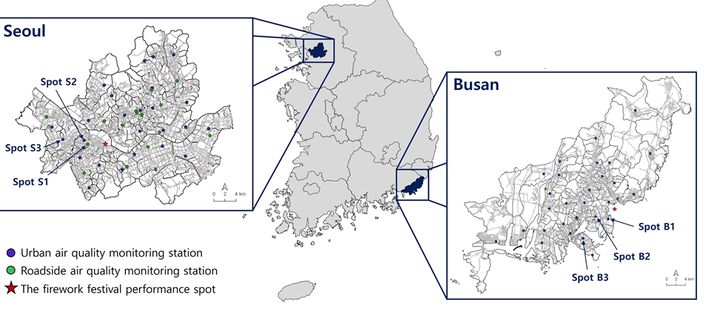 연구진이 분석 기준으로 설정한 서울세계불꽃축제와 부산불꽃축제 위치 및 대기오염 측정소 위치 (사진=고려대 제공) *재판매 및 DB 금지