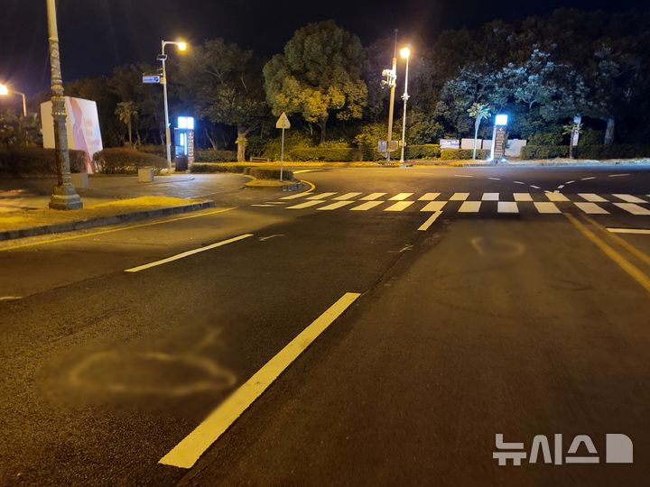 [제주=뉴시스] 오영재 기자 = 설 연휴인 지난 26일 제주 서귀포시 색달동 한 횡단보도에서 길을 건너던 20대, 30대 자매가 우회전 하는 버스에 치여 1명이 숨지고 1명이 중상을 입는 사고가 발생했다. 사진은 지난 2일 오후 사고 횡단보도. 2025.02.04. oyj4343@newsis.com 