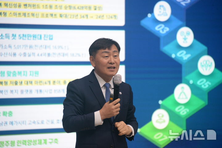 [김제=뉴시스] 강경호 기자 = 4일 오전 전북 김제시 김제시청 대강당에서 진행된 '도민과의 대화' 행사에서 김관영 전북특별자치도지사가 단상에 올라 특강을 진행하고 있다. 2025.02.04. lukekang@newsis.com