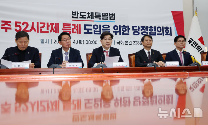 [서울=뉴시스] 조성우 기자 = 권성동(가운데) 국민의힘 원내대표가 4일 오전 서울 여의도 국회에서 열린 반도체특별법 주52시간제 특례 도입을 위한 당정협의회에서 발언하고 있다. 왼쪽부터 이철규 산업통상자원중소벤처기업위원회 위원장, 김상훈 정책위의장, 권 원내대표, 안덕근 산업부 장관, 김문수 고용부 장관. 2025.02.04. xconfind@newsis.com
