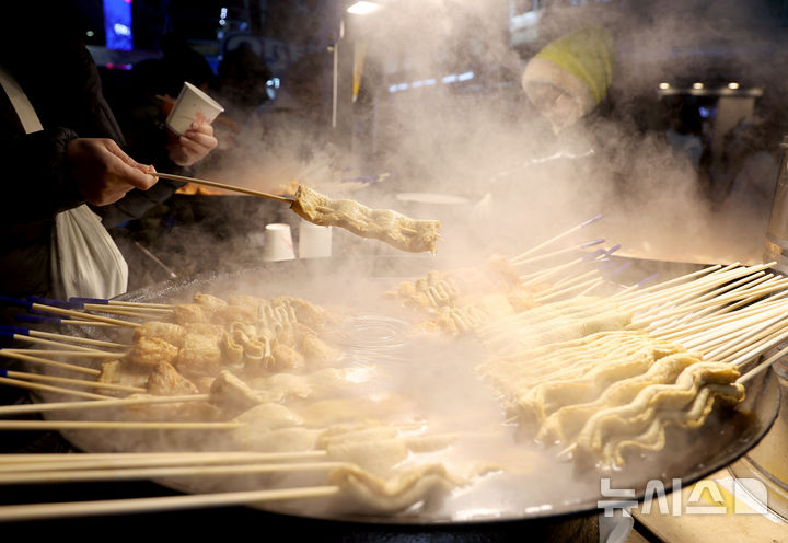 [서울=뉴시스] 김진아 기자 = 전국 대부분 지역에 한파 특보가 내려진 4일 서울 중구 명동에서 외국인 관광객들이 어묵국물과 떡볶이를 먹으며 몸을 녹이고 있다. 2025.02.04. bluesoda@newsis.com