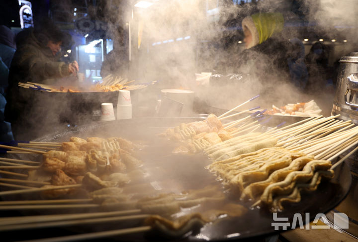 [서울=뉴시스] 김진아 기자 = 전국 대부분 지역에 한파 특보가 내려진 4일 서울 중구 명동에서 외국인 관광객들이 어묵국물과 떡볶이를 먹으며 몸을 녹이고 있다. 2025.02.04. bluesoda@newsis.com
