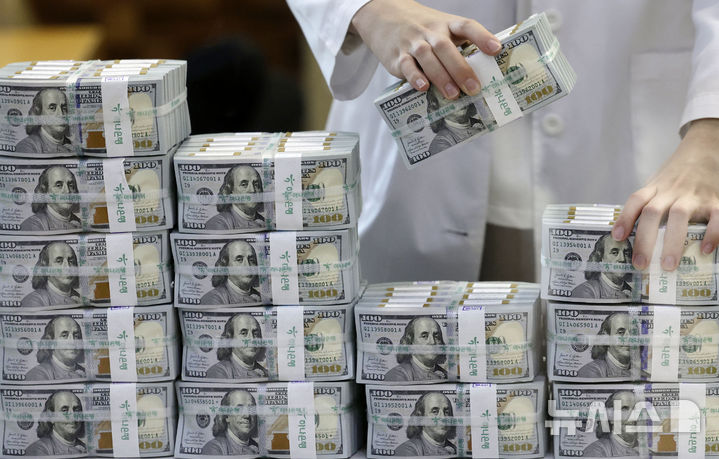 [서울=뉴시스] 최동준 기자 = 5일 서울 중구 하나은행 위변조대응센터에서 직원이 달러를 정리하고 있다. 2025.02.05. photocdj@newsis.com