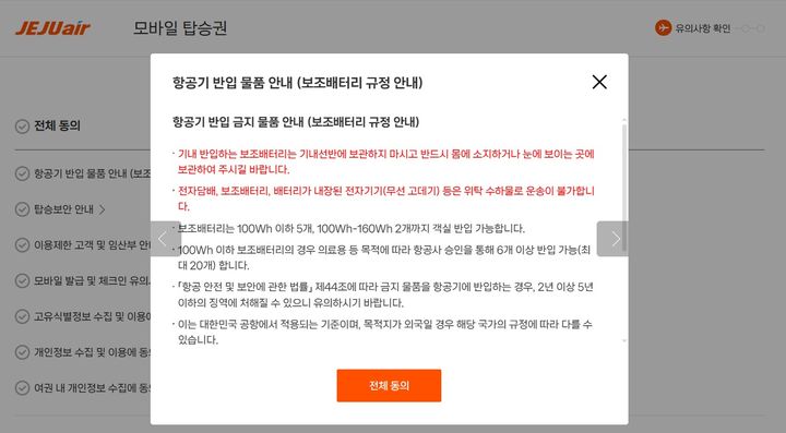 [서울=뉴시스] 제주항공 수속시 '리튬 배터리 직접 소지' 규정. (사진=제주항공 제공) 2025.2.6. photo@newsis.com *재판매 및 DB 금지