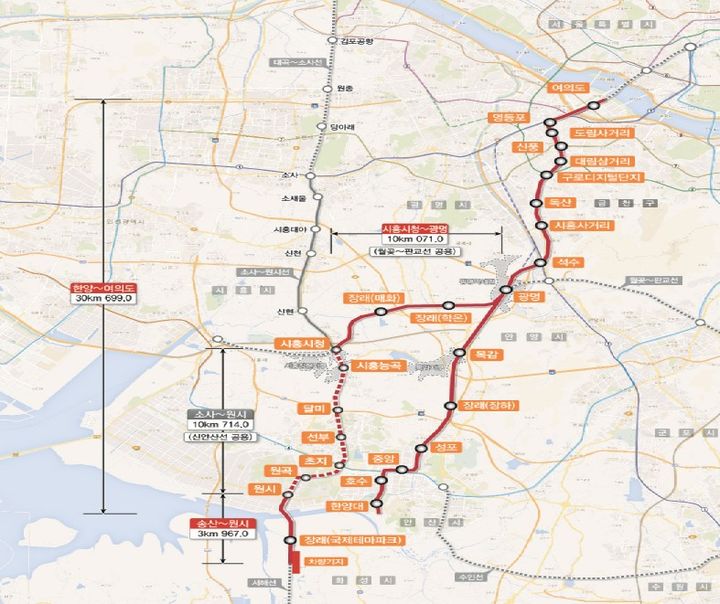 [세종=뉴시스] 정부는 '신안산선 복선전철 민간투자사업'에 유용되는 자금이 원활하게 조달될 수 있도록 금융규제 합리화 및 관련 제도 개선에 나선다. 사진은 신안산선 복선전철 공사 관련 지도. (사진=기획재정부 제공) 2025.02.06. photo@newsis.com *재판매 및 DB 금지