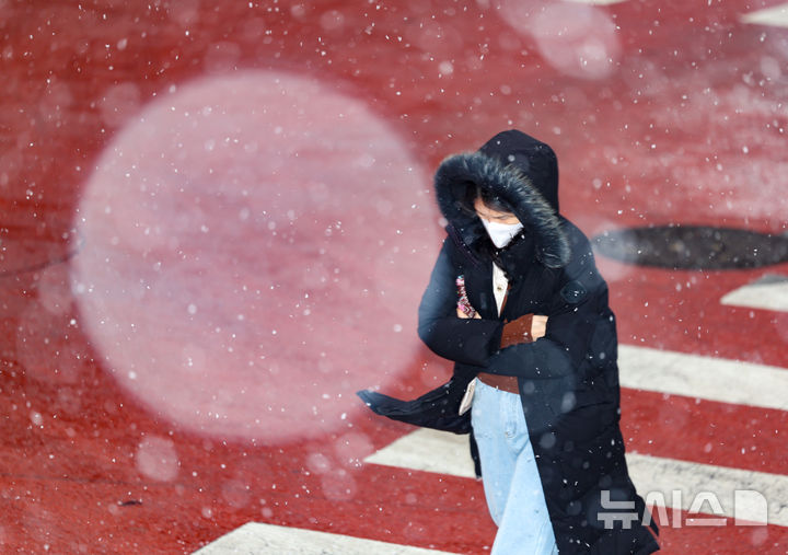 [서울=뉴시스] 김명년 기자 = 서울지역에 대설주의보가 내려진 6일 오후 서울 중구 퇴계로2가 교차로 인근에서 시민이 발걸음을 재촉하고 있다. 2025.02.06. kmn@newsis.com