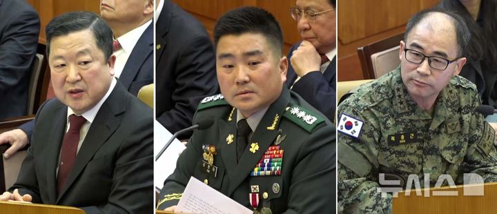[서울=뉴시스] 박춘섭 대통령실 경제수석(왼쪽부터), 김현태 육군 특수전사령부 707특수임무단장, 곽종근 전 특수전사령관이 6일 서울 종로구 헌법재판소에서 열린 윤석열 대통령 탄핵심판 6차 변론기일에서 질의에 답변하고 있다. (사진=헌법재판소 제공) 2025.02.06. photo@newsis.com *재판매 및 DB 금지