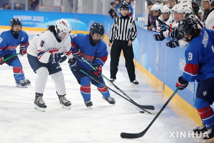 [하얼빈=신화/뉴시스] 김세린(왼쪽 세번째)이 6일(현지 시간) 중국 헤이룽장성 하얼빈의 하얼빈대학 학생빙상장에서 열린 2025 하얼빈 동계아시안게임 여자 아이스하키 B조 조별 예선 2차전 태국과 경기에서 퍽을 놓고 경쟁하고 있다. 한국이 11-0으로 완승하고 2승을 기록했다. 2025.02.07.