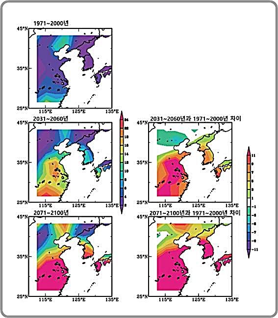 [대전=뉴시스] 기후변화시나리오에 따른 산불기상지수(위험도) 변화 예측도. 한국의 산불위험이 20세기(1971~2000년) 후반 대비 2100년께는 최대 158%까지 상승할 것으로 예측됐다.(사진=국립산림과학원 제공) *재판매 및 DB 금지