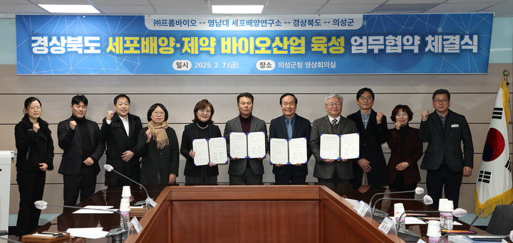  [의성=뉴시스] 의성군청 영상회의실에서 '경상북도 세포배양·제약 바이오산업 육성 업무협약 체결식'이 진행되고 있다. 2025.02.07. (사진=의성군 제공) photo@newsis.com *재판매 및 DB 금지