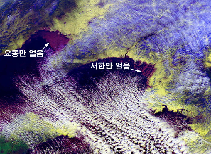 [청주=뉴시스] 8일 기상청 위탁관측기관 고려대기환경연구소가 공개한 미국 해양대기청(NOAA)의 한반도 위성 영상. 북한 서한만 일대가 하얀색으로 변해 결빙된 걸 확인할 수 있다. (사진=고려대기환경연구소 제공) 2025.02.08. photo.newsis.com *재판매 및 DB 금지