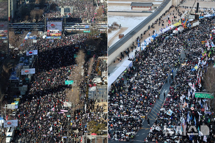 [서울=뉴시스] 김진아·김금보·김명년 기자 = 8일 서울 종로구 광화문광장에서 윤석열 대통령 탄핵 반대 집회가 열리고 있다.(왼쪽 사진) 같은날 서울 종로구 경복궁역 앞에서 윤 대통령 탄핵 촉구 집회가 열리고 있다.(오른쪽 사진) 2025.02.08. photo@newsis.com