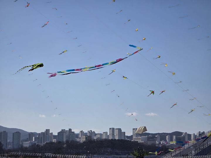 [세종=뉴시스] 각양각색 연이 세종시 이응다리 상공을 날고 있다. (사진=세종시 제공) 2024.02.09. photo@newsis.com *재판매 및 DB 금지