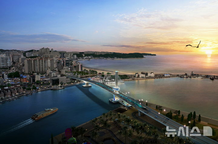 [포항=뉴시스] 송종욱 기자 = 포항시 남구 송도해수욕장과 북구 영일대해수욕장을 잇는 동빈대교가 애초 2026년 6월 개통할 예정이었으나 8개월 앞당겨 오는 10월 준공 목표로 공사 기간 단축에 속도를 내고 있다. 사진은 동빈대교 조감도. (사진=포항시 제공) 2025.02.10. photo@newsis.com 