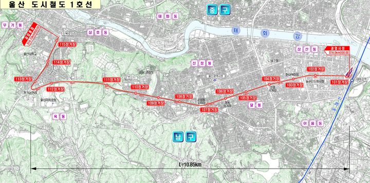 [울산=뉴시스] 울산시는 지난 10일 국토교통부 대도시권광역교통위원회가 '도시철도 1호선(트램) 기본계획'을 승인했다고 11일 밝혔다. 노선도. (사진= 울산시 제공) 2025.02.11. photo@newsis.com *재판매 및 DB 금지