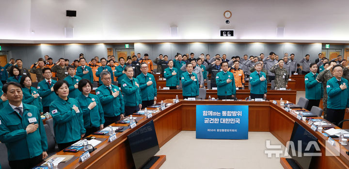 [서울=뉴시스] 조수정 기자 = 최상목 대통령 권한대행 부총리 겸 기획재정부 장관과 국무위원 등이 10일 정부서울청사 별관에서 열린 '중앙통합방위회의'에 참석해 국기에 경례하고 있다. (대통령실통신사진기자단) 2025.02.10. chocrystal@newsis.com