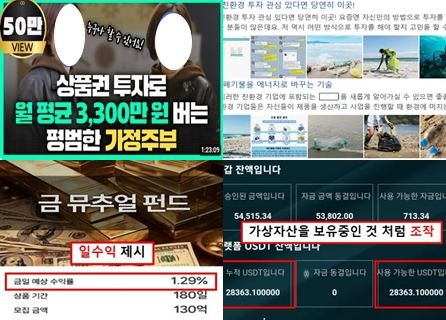 (상단 왼쪽부터) 유튜브에 업로드된 허위 투자 후기 영상, 블로그에 게시된 유사수신업체 홍보글, (하단 왼쪽부터) 금(金) 투자 빙자 업체 홈페이지, 사기에 사용된 가짜 코인지갑. (자료=금감원 제공) photo@newsis.com *재판매 및 DB 금지