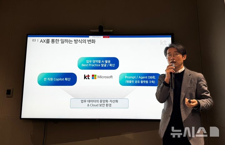 [서울=뉴시스] 정명호 KT 기술혁신부문 상무가 11일 서울 광화문 이스트 사옥에서 열린 인공지능 전환(AX) 중심의 일하는 방식 혁신 사례 공유 기자간담회에서 발표를 했다. (사진=심지혜 기자)