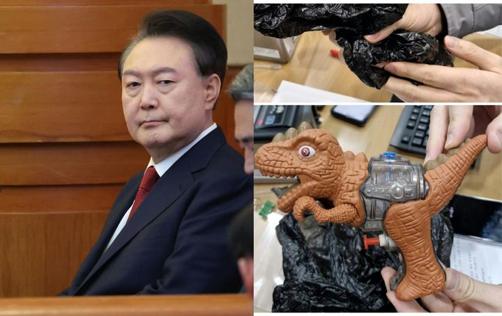 [서울=뉴시스] 부산에서 10일 장난감 물총으로 은행털이를 하려던 한 강도가 2분 만에 시민에게 붙잡힌 가운데 이를 윤석열 대통령 발언에 비유한 댓글이 엑스(X·옛 트위터) 등에서 화제다. (사진= 윤석열 대통령, 공룡 물총 갈무리 ) 2025.02.11. photo@newsis.com *재판매 및 DB 금지