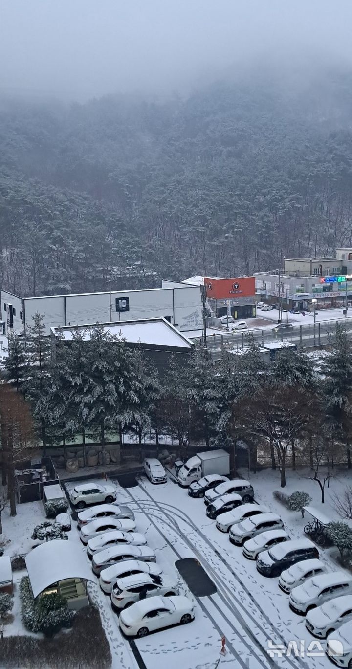 [창원=뉴시스]홍정명 기자=12일 오전 3시20분부로 대설주의보가 내려진 창원시 마산회원구 내서읍의 한 아파트에서 바라본 풍경. 이날 오전 6시 기준 적설량 2.8㎝를 기록하고 있다.2025.02.12. hjm@newsis.com