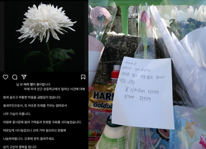 [서울=뉴시스] 교사가 휘두른 흉기에 찔려 사망한 김하늘(8) 양을 추모하는 지역 사회 분위기가 이어지는 가운데 인근 꽃집 사장 A씨가 '국화 나눔'을 하겠다고 나섰다.(왼쪽‧인스타그램 캡처) 11일 오후 사건이 발생한 대전 서구 관저동의 한 초등학교 정문 옆 담장에 추모 국화꽃과 문구가 놓여 있다.(오른쪽‧강종민 기자) 2025.02.12. ppkjm@newsis.com *재판매 및 DB 금지