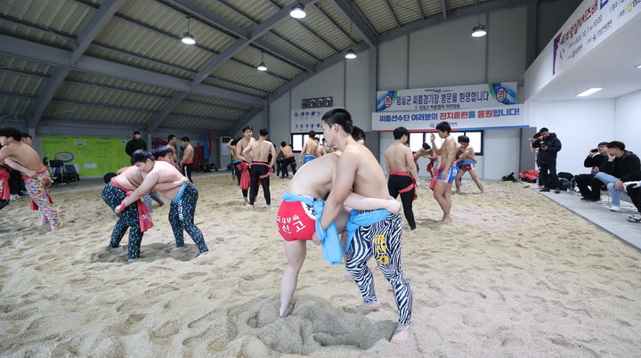 [임실=뉴시스] 임실군 종합경기장 내 씨름장에서 전지훈련 중인 선수들. *재판매 및 DB 금지