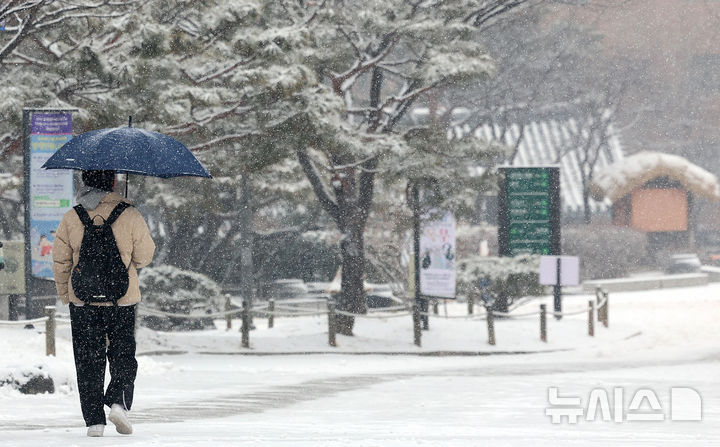[서울=뉴시스] 이영환 기자 = 눈이 내린 12일 오전 서울 중구 남산한옥마을에서 관광객들이 이동하고 있다. 2025.02.12. 20hwan@newsis.com