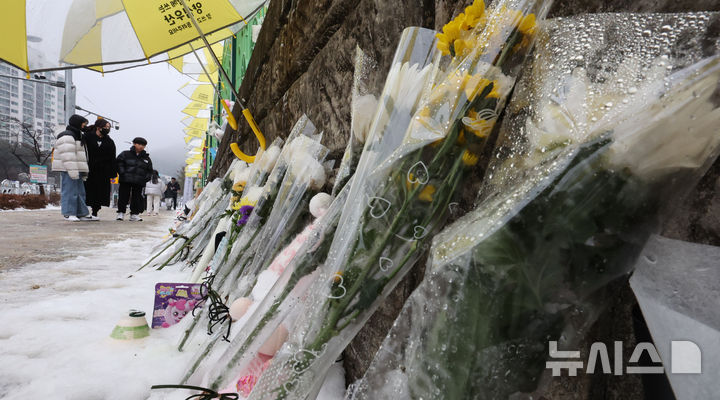 [대전=뉴시스] 강종민 기자 = 12일 초등학생 피살 사건이 발생한 대전 서구 관저동의 한 초등학교 담장에 고 김하늘 양을 추모하는 문구와 국화를 시민들이 살펴보고 있다. 2025.02.12. ppkjm@newsis.com