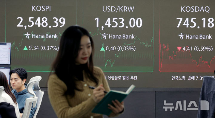 [서울=뉴시스] 김진아 기자 = 12일 서울 중구 하나은행 딜링룸에서 딜러들이 업무를 보고 있다. 코스피는 전 거래일(2539.05)보다 9.34포인트(0.37%) 오른 2548.39에, 코스닥 지수는 전 거래일(749.59)보다 4.41포인트(0.59%) 하락한 745.18에 거래를 종료했다. 2025.02.12. bluesoda@newsis.com