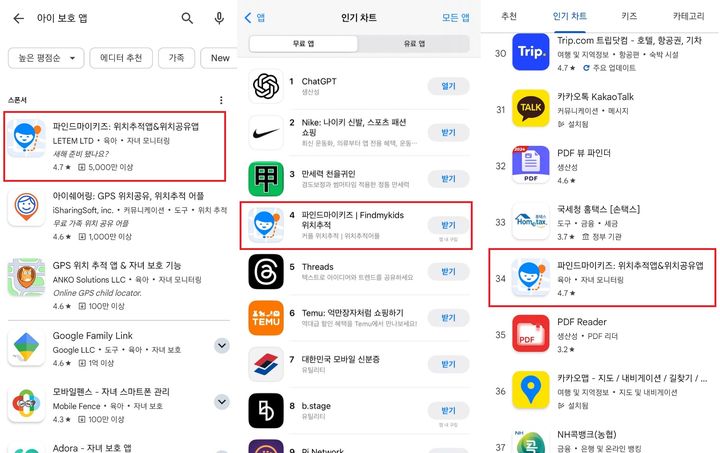 구글 플레이스토어에서 '아이 보호 앱'을 검색했을 때 최상단에 노출되는 파인드마이키즈 앱의 모습과 애플 앱스토어·구글 플레이스토어에서 인기 앱 상위권에 올라있는 파인드마이키즈 앱의 모습. (사진=구글 플레이스토어·애플 앱스토어 캡처) *재판매 및 DB 금지