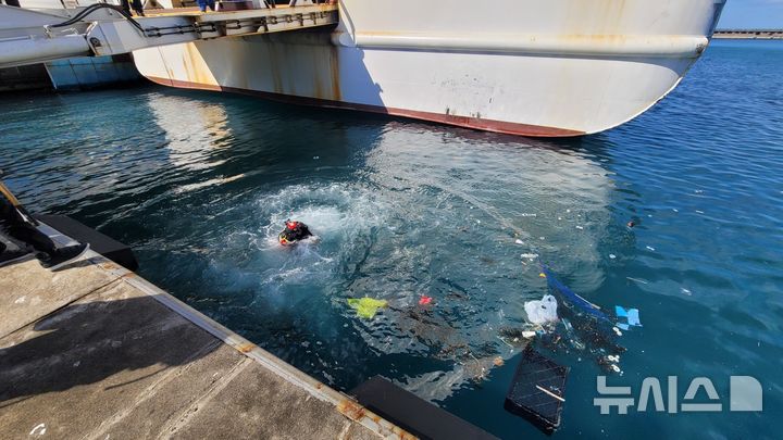 [제주=뉴시스] 13일 오후 2시4분께 제주시 건입동 제주항에서 1t 트럭이 해상에 추락하는 사고가 발생해 소방당국 구조대원이 수중수색을 전개하고 있다. (사진=제주소방안전본부 제공) 2025.02.13. photo@newsis.com
