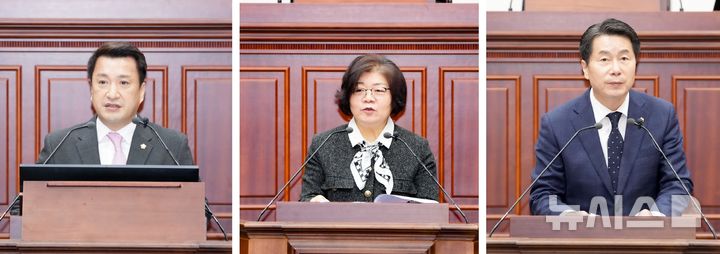 경주시의회 임시회서 5분 발언하는 최재필(왼쪽부터), 이강희, 김동해 의원
