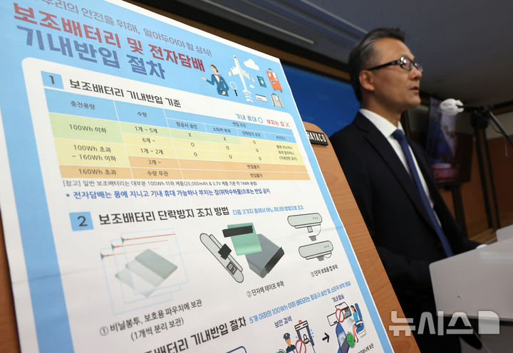 [세종=뉴시스] 강종민 기자 = 유경수 국토교통부 항공안전정책관이 13일 세종시 정부세종청사에서 리튬이온 보조배터리와 전자담배의 항공기 내 안전관리 체계를 강화하는 표준안을 설명하고 있다. 2025.02.13. ppkjm@newsis.com