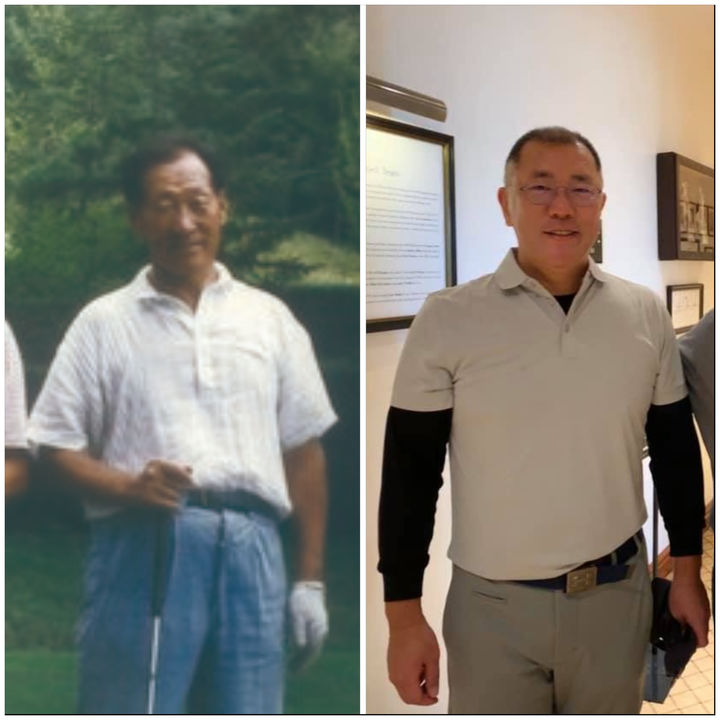 [서울=뉴시스] 골프를 '필드 위 회의실'로 활용한 정주영 현대그룹 창업주와 손자인 정의선 현대차그룹 회장. (사진=재계, 페이스북) 2025.12.14 photo@newsis.com *재판매 및 DB 금지