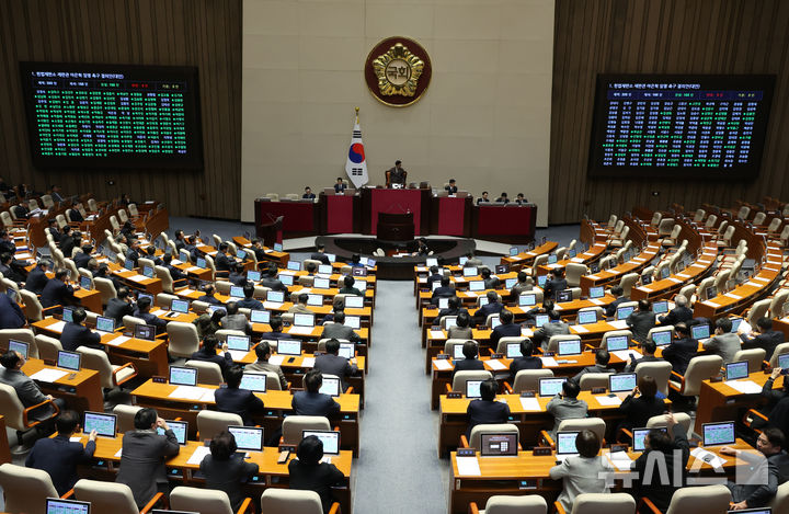 [서울=뉴시스] 고승민 기자 = 지난달 14일 서울 여의도 국회에서 열린 제422회 국회(임시회) 제6차 본회의에서 헌법재판소 재판관 마은혁 임명 촉구 결의안이 재석 168인, 찬성 168인으로 가결되고 있다. 국민의힘 의원들은 이에 반발해 회의장을 집단 퇴장했다. 2025.02.14. kkssmm99@newsis.com