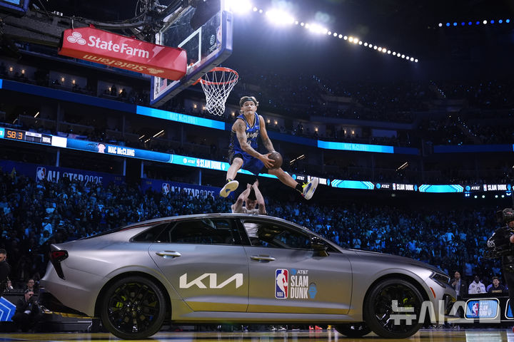 [샌프란시스코=AP/뉴시스]16일(한국시간) 미국 캘리포니아주 샌프란시스코 체이스 센터에서 열린 2024~2025 미국프로농구(NBA) 올스타전 덩크슛 콘테스트에서 기아 승용차를 뛰어넘는 고난도 덩크슛을 선보인 맥 맥클렁(올랜도·188㎝)이 역대 최초로 3년 연속 우승을 차지했다. 