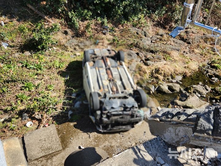 [제주=뉴시스] 17일 오후 오후 1시59분께 제주 서귀포시 남원읍 교차로에서 차량이 다리 아래로 추락해 소방당국이 탑승자 사고 수습에 나서고 있다. (사진=제주소방안전본부 제공) 2025.02.18. photo@newsis.com