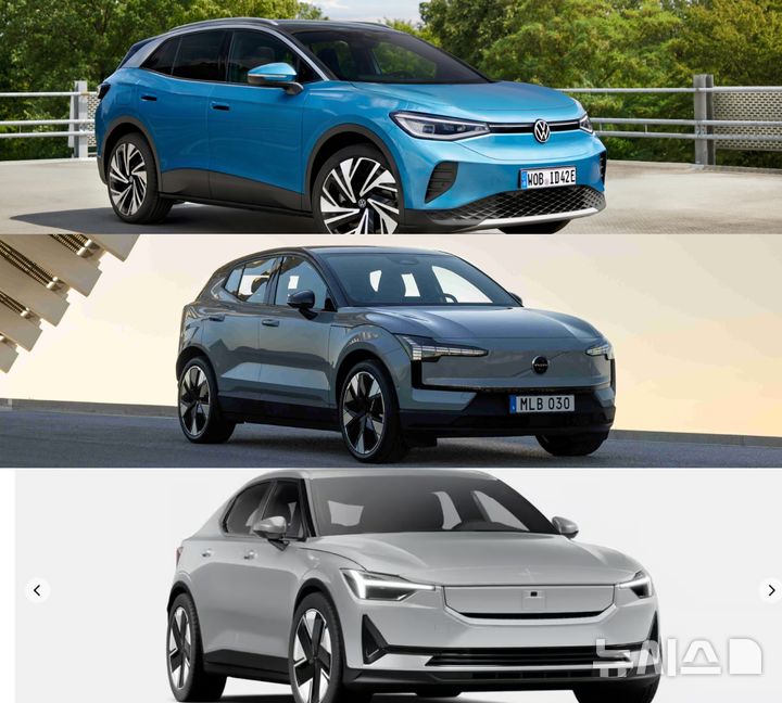 [서울=뉴시스] 전기차 캐즘(일시적 수요 둔화) 상태가 이어지고 있는 가운데 수입 완성차 업계가 비교적 낮은 가격의 전기차를 잇따라 출시하면서 관심이 집중된다. 사진은 위에서부터 폭스바겐 '2025년형 ID.4', 볼보 EX30, 폴스타2 (사진=각 사) photo@newsis.com