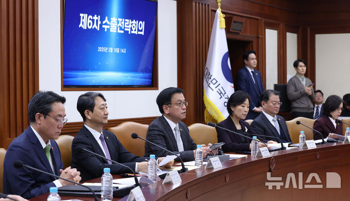[서울=뉴시스] 조수정 기자 = 최상목 대통령 권한대행 부총리 겸 기획재정부 장관이 18일 정부서울청사에서 열린 수출전략회의를 주재하고 있다. 2025.02.18. chocrystal@newsis.com