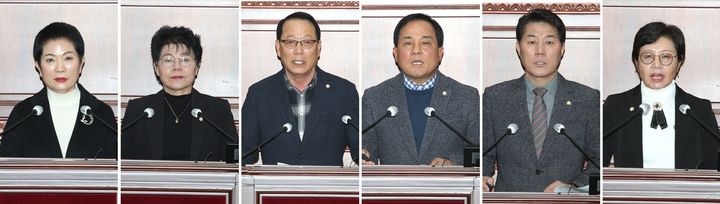 [정읍=뉴시스]19일 정읍시의회의 제302회 임시회 제2차 본회의가 열렸다. 왼쪽부터 '5분 자유발언'을 펼치고 있는 황혜숙 의원, 송기순 의원, 최재기 의원, 오명제 의원, 정상철 의원과 '빈 건축물 정비를 위한 제도 개선 촉구 건의안'에 대해 제안설명 중인 서향경 의원이다. *재판매 및 DB 금지