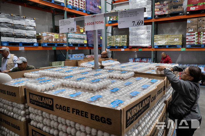 [로스앤젤레스=AP/뉴시스] 19일(현지 시간) 미 캘리포니아주 로스앤젤레스의 반누이스에 있는 코스트코 매장에서 한 여성이 줄 서서 기다린 끝에 수량 제한 판매 중인 달걀을 사고 있다. 2025.02.20.