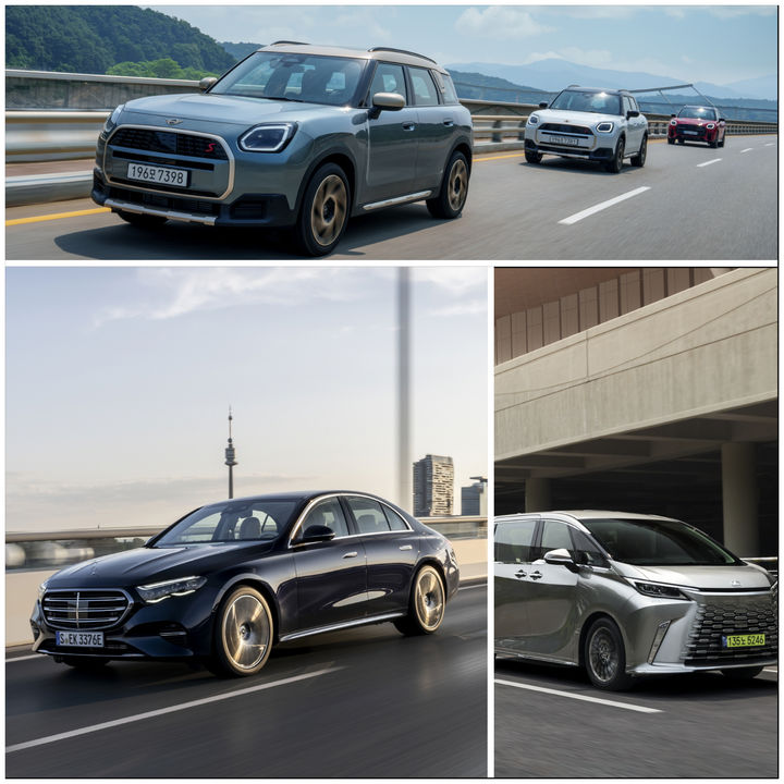[서울=뉴시스] 한국자동차기자협회의 (위쪽부터 시계 방향) '2025 올해의 디자인'으로 뽑힌 MINI 컨트리맨과 '2025 올해의 유틸리티' 렉서스 LM 500h, '2025 올해의 수입차' 메르세데스-벤츠 E-클래스 모습. (사진=한국자동차기자협회 제공) 2025.02.20 photo@newsis.com *재판매 및 DB 금지