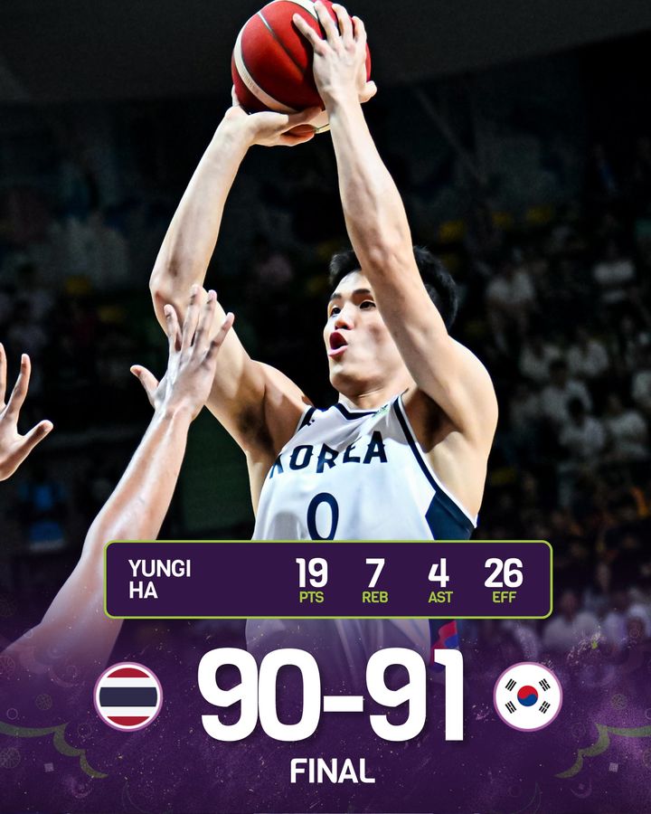 [서울=뉴시스] 한국 남자 농구대표팀, 2025 국제농구연맹(FIBA) 사우디아라비아 아시아컵 본선 진출 확정. A조 5차전 태국전에서 맹활약한 하윤기. (사진=FIBA SNS 캡처) *재판매 및 DB 금지