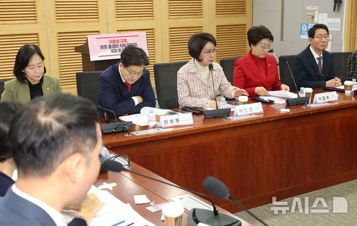 [서울=뉴시스] 조성봉 기자= 이인선 국회 여성가족위원장이 20일 오전 서울 여의도 국회 의원회관 세미나실에서 열린 저출생 극복, 비혼 출생아 지원 제도화 국회 토론회에서 인사말을 하고 있다. 2025.02.20. suncho21@newsis.com