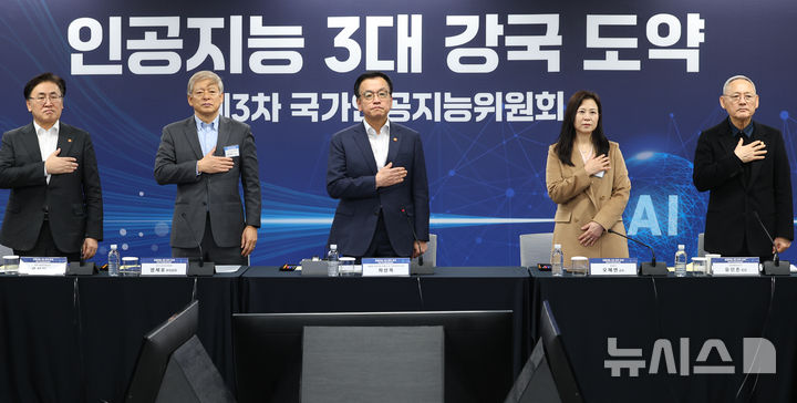 [서울=뉴시스] 최진석 기자 = 최상목 대통령 권한대행 부총리 겸 기획재정부 장관이 20일 서울 중구 서울스퀘어 국가인공지능위원회에서 열린 제3차 국가인공지능위원회에서 국기에 경례하고 있다. 2025.02.20. myjs@newsis.com