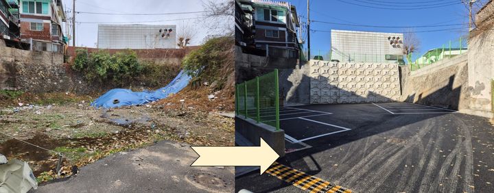 [서울=뉴시스] 원효로1가 1-4 일대 자투리땅 주차장 조성 전후. 2025.02.21. (사진=용산구 제공) *재판매 및 DB 금지