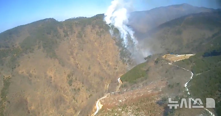 [단양=뉴시스] 21일 오전11시25분께 충북 단양군 영춘면 상리의 한 야산에서 화재가 발생해 산림당국이 진화 작업을 벌이고 있다. (사진=산림청 제공) 2025.02.21. photo@newsis.com