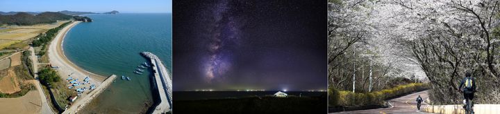 [인천=뉴시스] 백령도(왼쪽부터) 콩돌해변 전경, 덕적면 굴업도 은하수 야경, 북도면 장봉도 벚꽃길 모습. (사진=옹진군 제공) 2025.02.20. photo@newsis.com *재판매 및 DB 금지