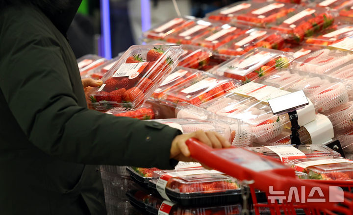 [서울=뉴시스] 박주성 기자 = 서울 한 대형 마트에서 시민이 딸기를 고르고 있다. 2025.02.21. park7691@newsis.com